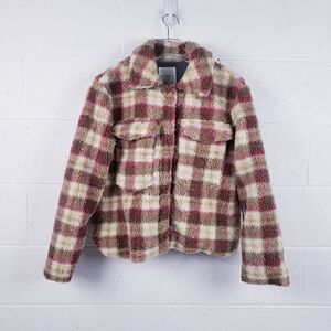 Avec Les Filles Beige Brown Plaid Sherpa Trucker Teddy Jacket Size Medium
